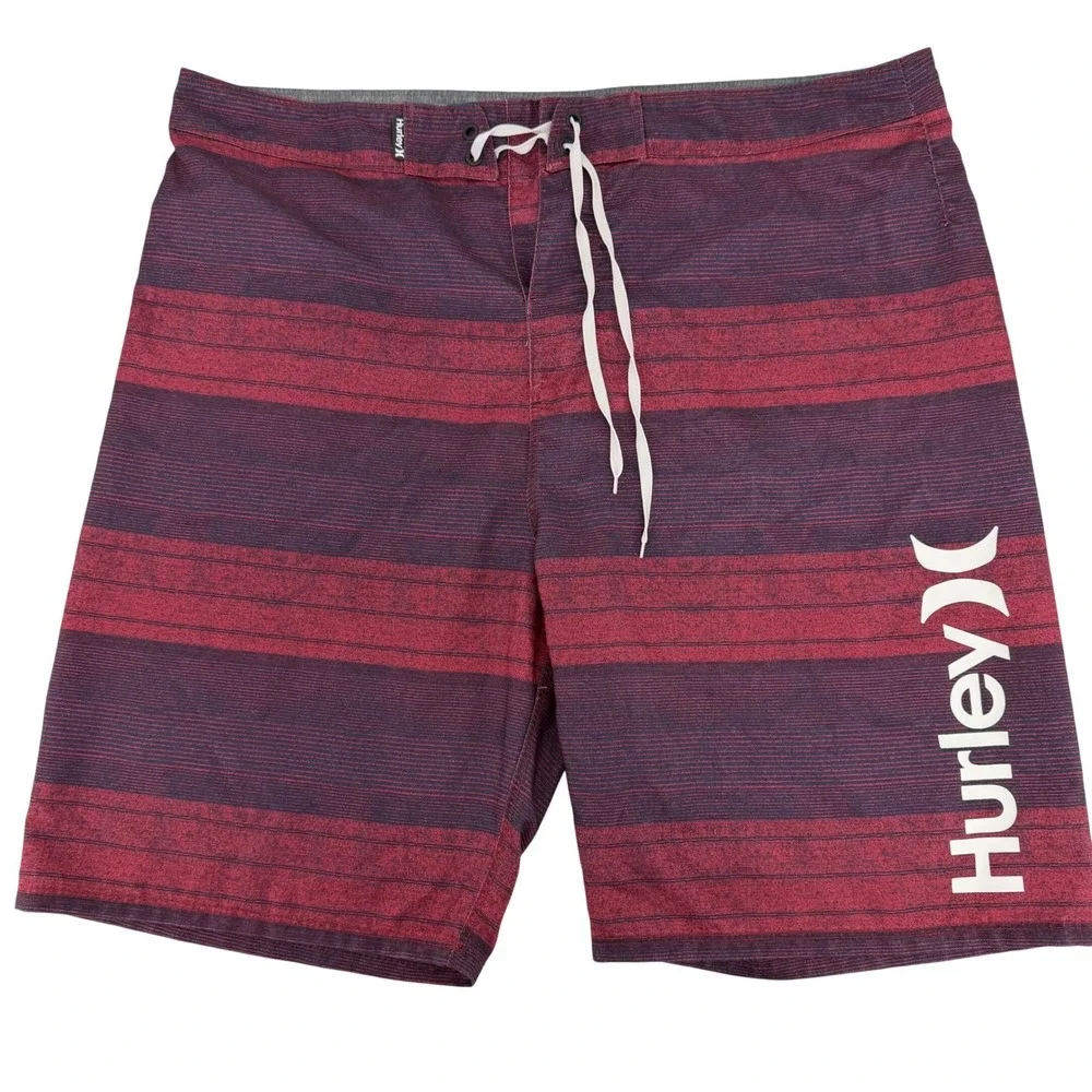 Hurley Mens Board Shorts Size 36 Maroon Blue Striped Swim Trunks MBS0008080